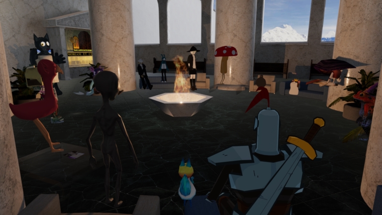 Visitors gathered in a VR Mystery School space in VRChat.