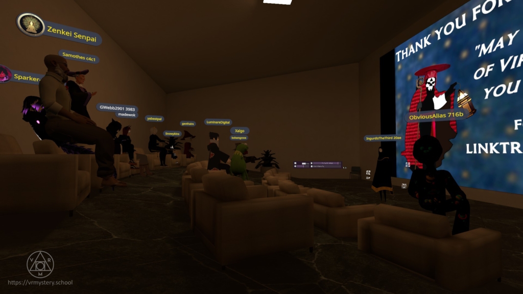 A VR Mystery School interior space in VRChat.